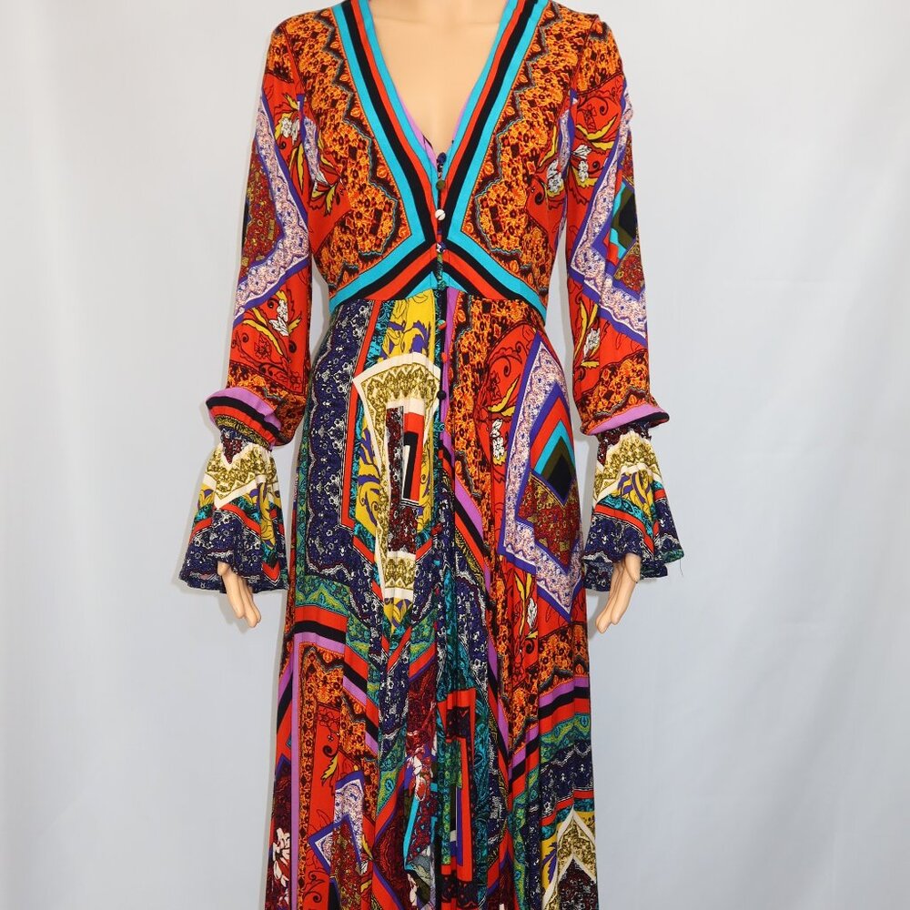 Free People Maxi Dress XS Asymmetrical Patchwork Paisley Boho Hippie Fairy Witch